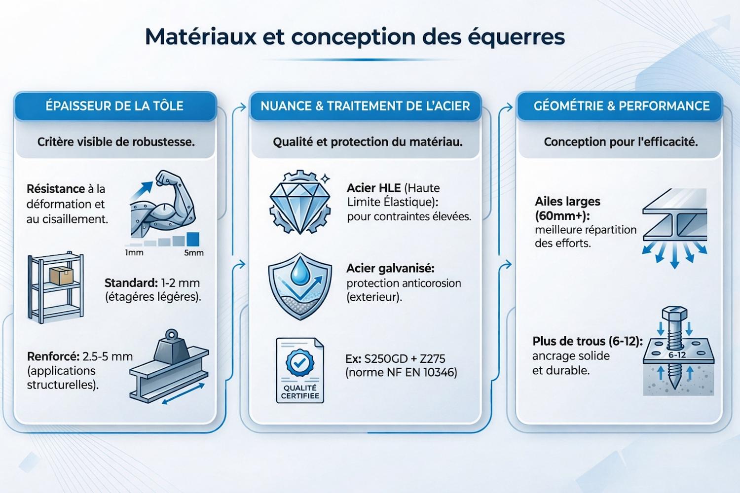 Comparatif des matériaux et de la conception entre une équerre standard et une équerre renforcée : épaisseur de tôle, nuance d’acier et géométrie
